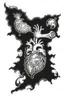Skeletal Atlas holding the world but it's an anatomical heart instead tattoo design idea