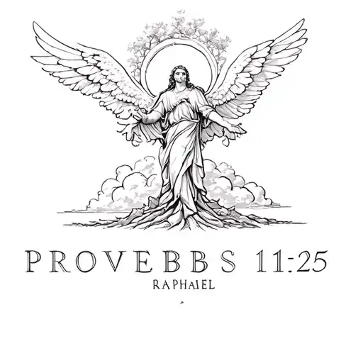 "Proverbs 11:25"  raphael the arch angel with clouds surrounding tree of knowledge tattoo design idea