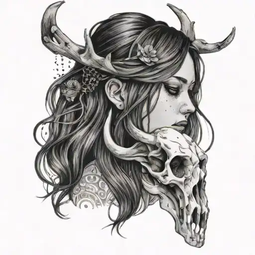 female girl, holding deer skull, sad expression, naked, long hair tattoo design idea