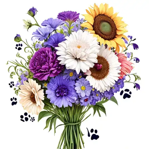 bouquet of flowers including carnations, violets, asters, chrysanthemums and sunflowers with dog prints  tattoo design idea