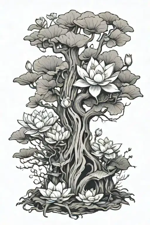 Trunk of a tree that have hand instead of treetop holding a white lotus tattoo design idea