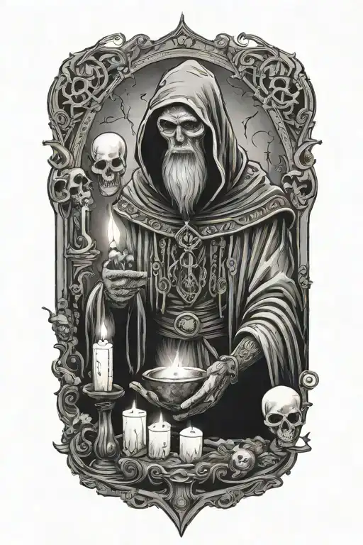 Hermit performing a ritual, candles, altar, skulls tattoo design idea
