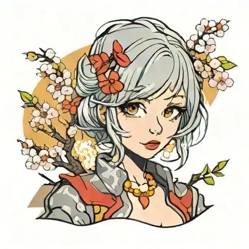 anime girl looking straight ahead, blush, plump red lips, gray hair, cherry blossoms around the girl, bright colors tattoo design idea