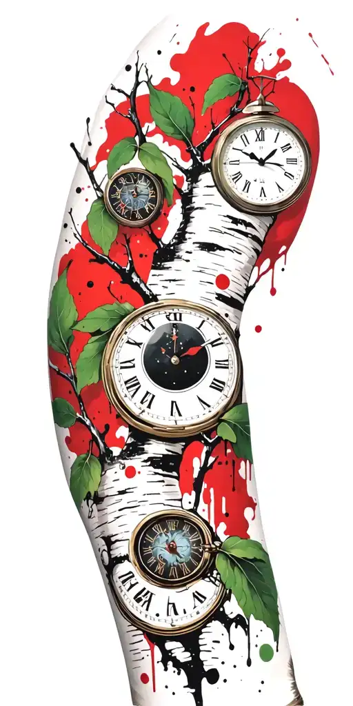 birch branches with green leaves with only three clocks integrated into it for an arm sleeve tattoo design idea