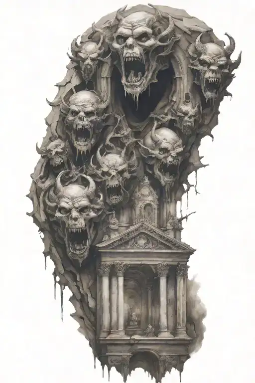 demons trapped in a cathedral realism tattoo design idea