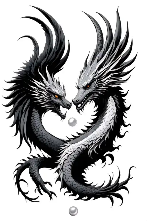Phoenix wing deployed and Asian dragon face to face with a pearl between them tattoo design idea
