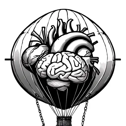 Hot air balloon with anatomic heart as the balloon and anatomic brain as the basket connected with chains tattoo design idea