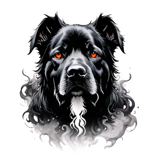 a gwllgi - based on welsh myth. a large black dog made of shadow and mist, with firey red eyes tattoo design idea