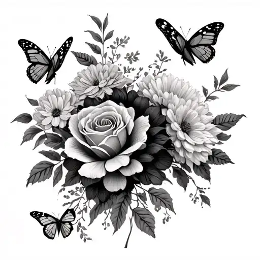 flowers with butterlies flying around - peonys, roses, crysanthemums - side upper leg fine line tattoo - big peice tattoo design idea