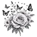 flowers with butterlies flying around - peonys, roses, crysanthemums - side upper leg fine line tattoo - big peice tattoo design idea