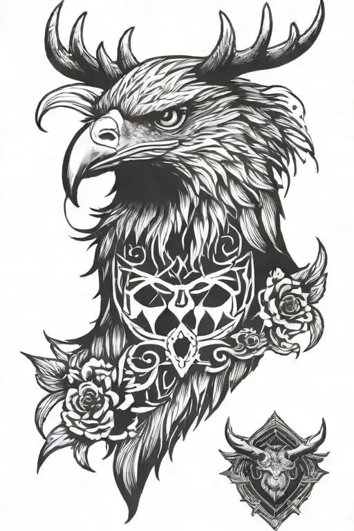 eagle head, deer head, darts tattoo design idea