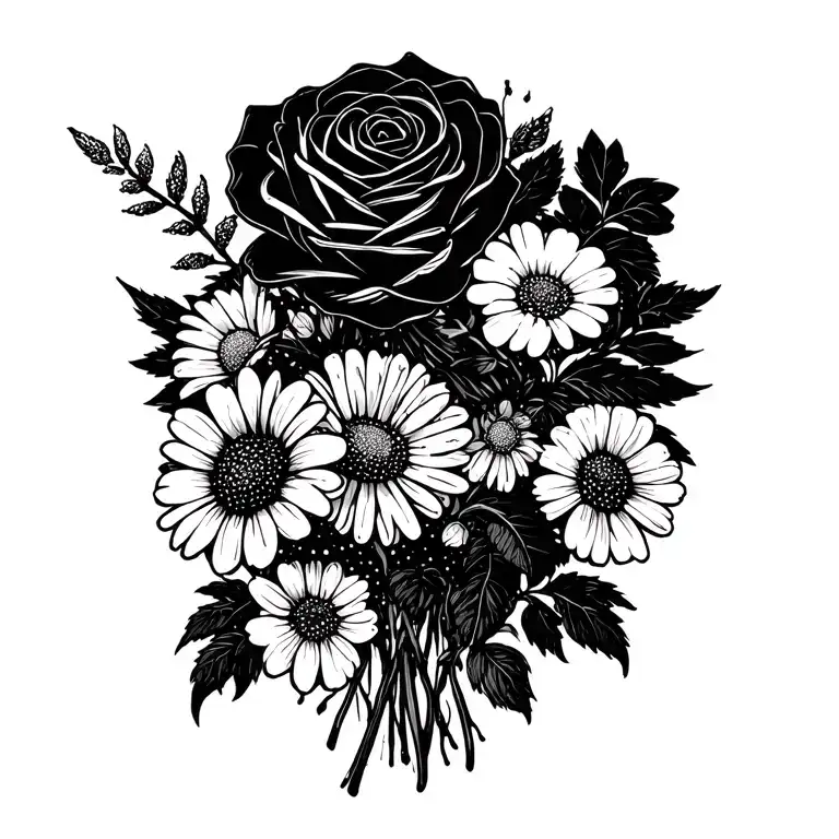 bouquet of rose, daisy, sweetpea, honeysuckle flowers. minimalistic design with black and dot shading tattoo design idea