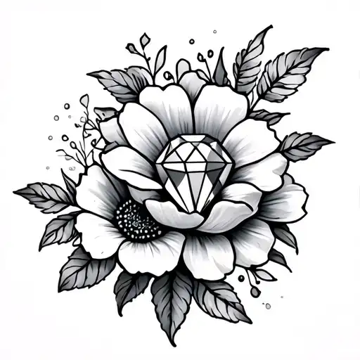 back tattoo with flowers and a diamond as the centerpiece tattoo design idea