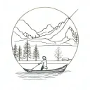 Lake, Rowing Boat, Woman, Trees, Mountains, Sun tattoo design idea