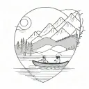 Lake, Rowing Boat, Woman, Trees, Mountains, Sun tattoo design idea