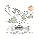 Lake, Rowing Boat, Woman, Trees, Mountains, Sun tattoo design idea