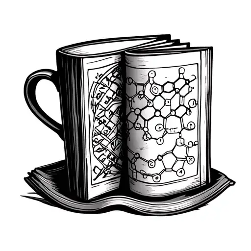Serotonin molecule book and coffee cup intertwined tattoo design idea