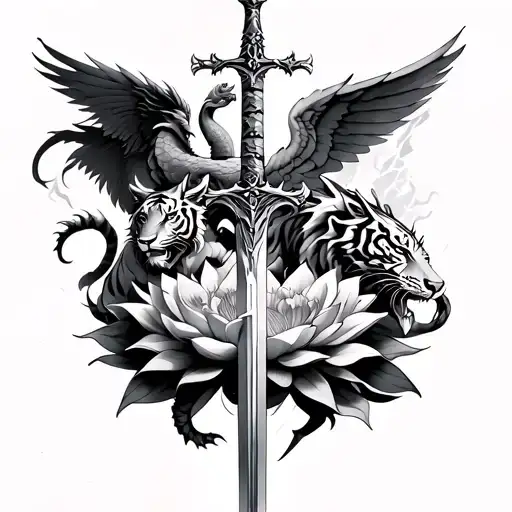 half sleeve on upper arm with a dragon, four tigers, an angel, lightning, one black lotus, and an Excalibur sword  tattoo design idea