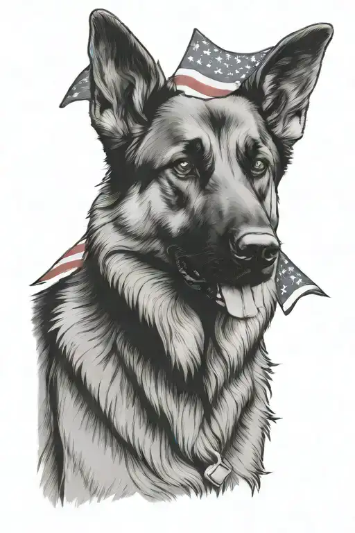 portrait of German shepherd saying "diabetic" mountain scene American flag tattoo design idea