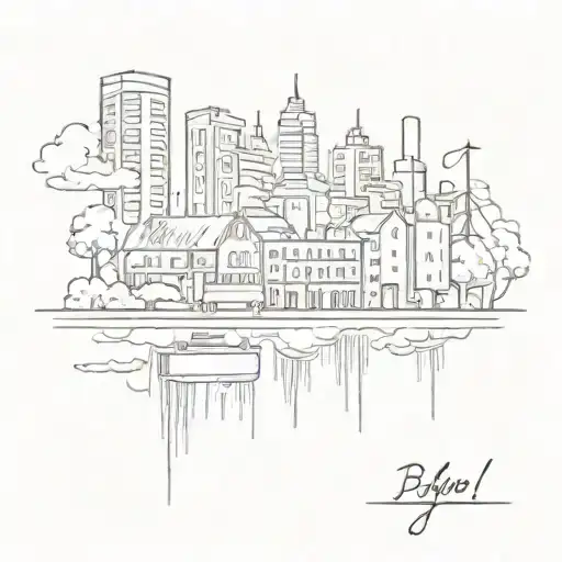 A sketch tattoo of a cityscape with Billy Joel lyrics incorporated into the buildings, representing your passion for urban life and music. tattoo design idea