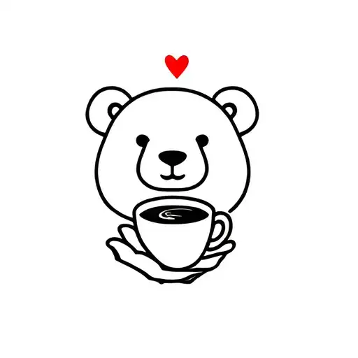 Bear with black heart above head and cup of coffee in hand tattoo design idea
