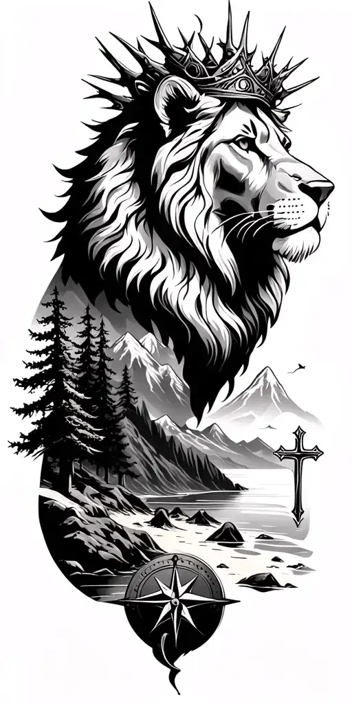 lion with thorn crown, mountains, lake, trees, christian / cross, compass,  dog, beach tattoo design idea