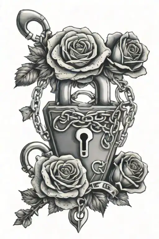 a romantic themed image with roses, chains, padlocks, keys and hearts. tattoo design idea