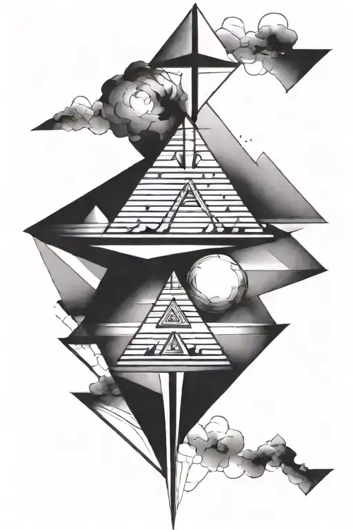 a black and grey leg tattoo for men extending from thigh to ankle. design will include orbs and pyramids. design should  tattoo design idea