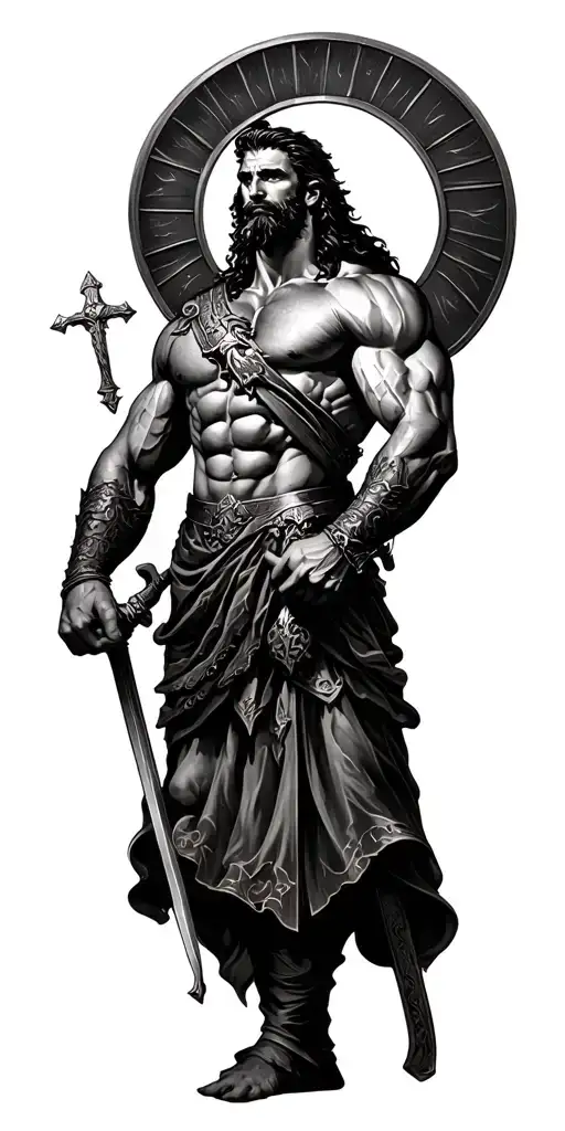 Saint Florian realistic muscular tattoo design idea