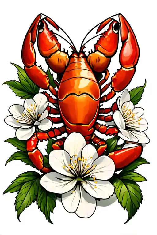 American traditional crayfish and apple blossom tattoo tattoo design idea