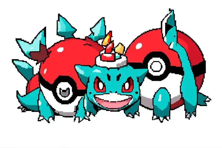 Pokeball. Next to pokeball are Red, with Bulbasaur, Charmander and Squirtle, in 8bit. Under pokemons are a birthday tattoo design idea