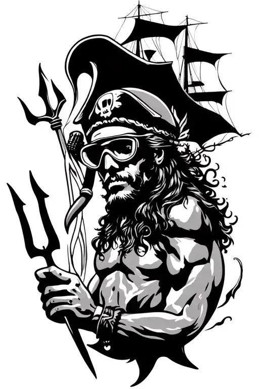 snorkel man siluette, Poseidon holding a trident, pirate ship, manta ray, shark, female pirate face. tattoo design idea