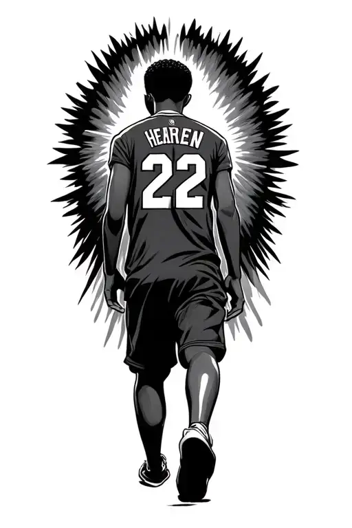 teenage black boy walking through open heaven gates wearing  jersey #22 on the back tattoo design idea