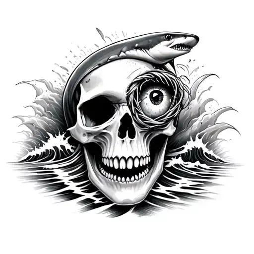 skull facing the viewer with a shark twisted around one eye socket and  crashing waves around the skull. realism tattoo tattoo design idea
