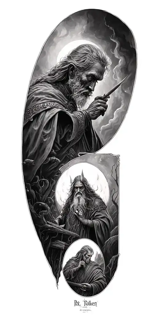 compiled scenes from J.R.R. Tolkien's lore. epic. detailed. tattoo design idea