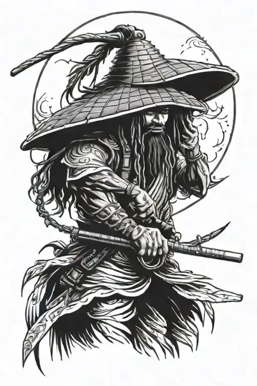 A Ronin warrior with dreadlocks and a straw hat on his back. Also, in the background a full moon. tattoo design idea