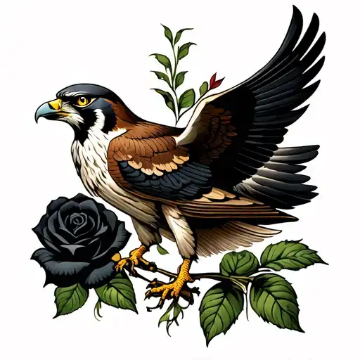 falcon and black rose surrounded tattoo design idea