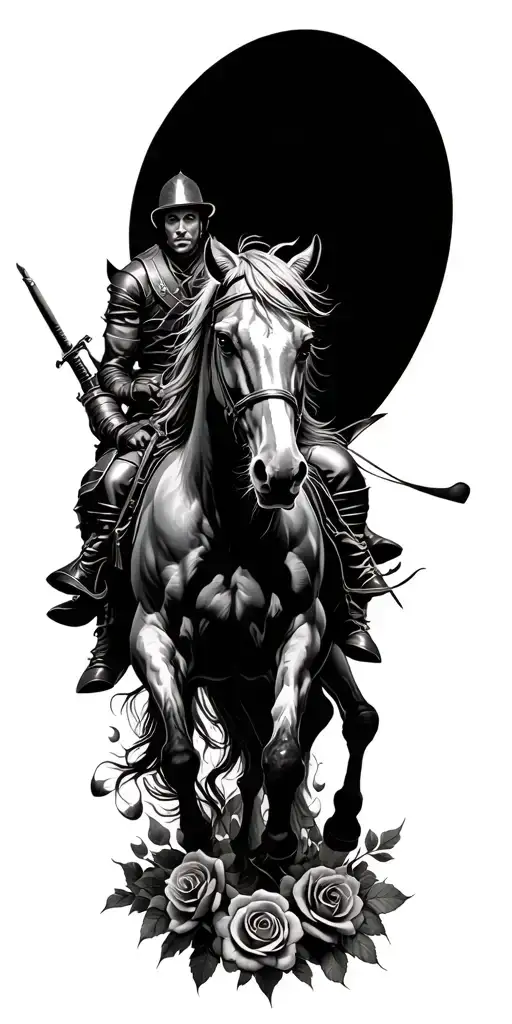 war horse with rider, fighting demons, with roses intertwined tattoo design idea