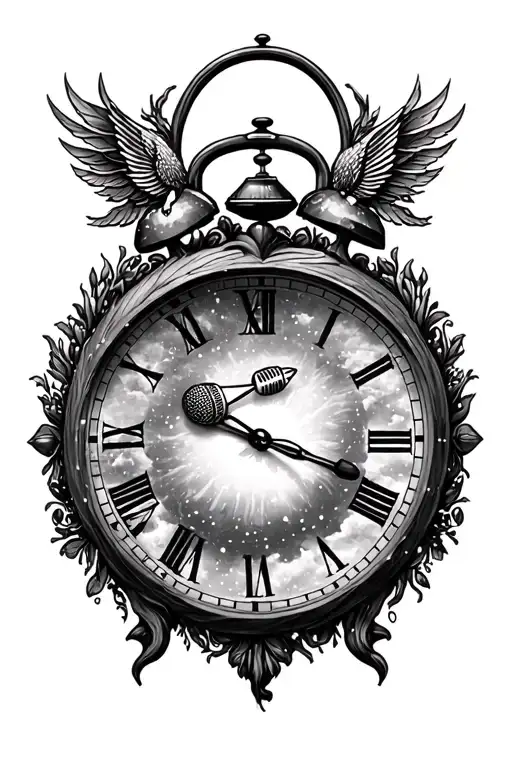 Sandy Clock, Simorgh Tree, Bride, Camera, Air Element, Microphone, Patience Warrior, Love, Heaven, Faith, Originality, Snow, Release tattoo design idea