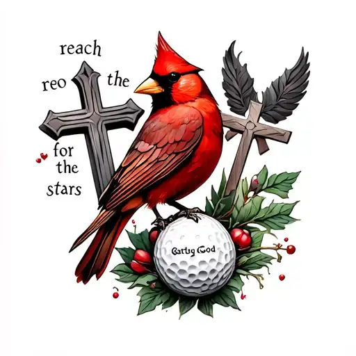 a small red cardinal, a small golf ball , Mary the mother of God,the words "reach for the stars", and a cross tattoo design idea