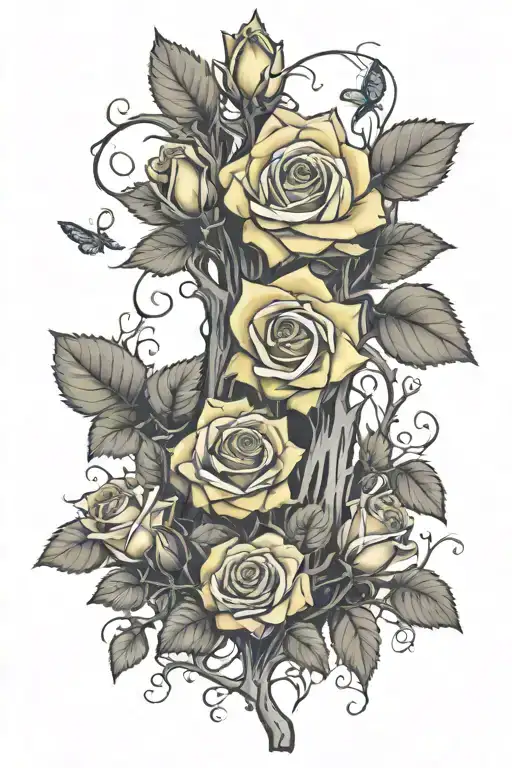 yellow roses with a tree representing family, bond together amd watched over by our nan who is now an angel with a cat tattoo design idea