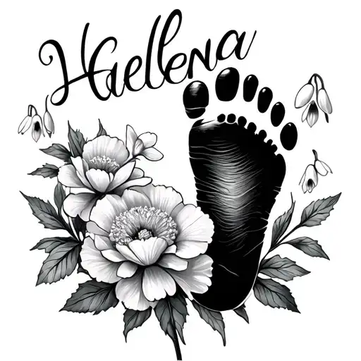 "Helena" carnation and snowdrop flowers with baby foot print tattoo design idea