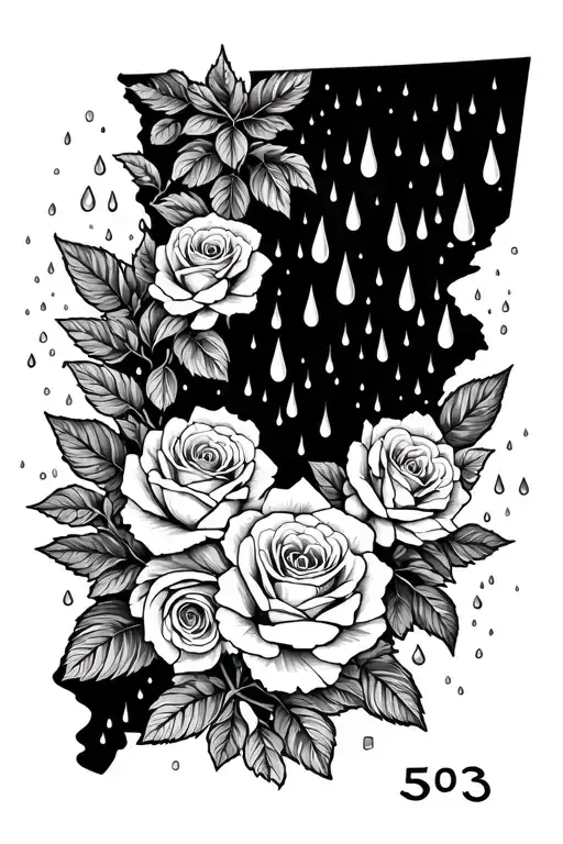 Oregon outline with 503 where Portland is with raindrops and roses tattoo design idea