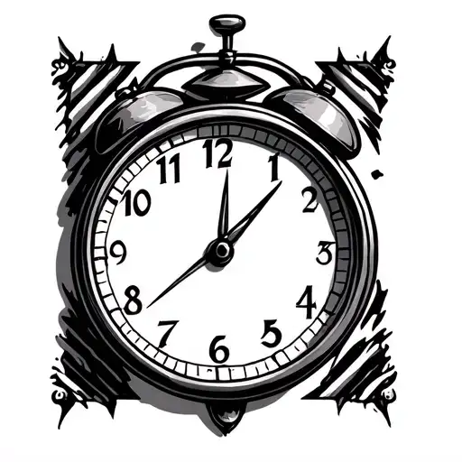 Minimalist tattoo design of a small analog clock showing the time 5:46. No numbers, only thin black tick marks for hours tattoo design idea