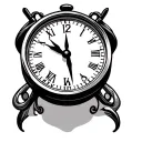 Minimalist tattoo design of a small analog clock showing the time 5:46. No numbers, only thin black tick marks for hours tattoo design idea