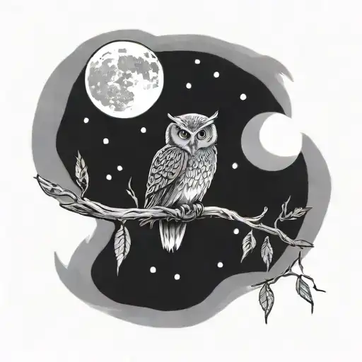 owl sitting on branch in front of the moon tattoo design idea