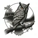 owl sitting on branch in front of the moon tattoo design idea