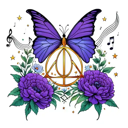 A Deathly Hallows symbol tucked behind a purple butterfly. Floating music notes that turn into stars. Carnations growing tattoo design idea