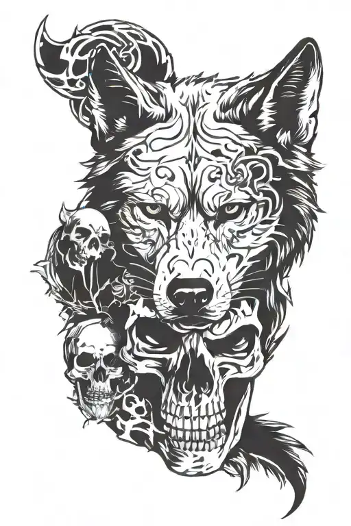 wolf and skull tattoo design idea