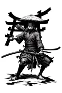 Japanese Ronin wielding katana and wearing strawhat with torii gate behind tattoo design idea